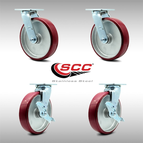 Service Caster 8 Inch SS Poly on Aluminum Swivel Caster Set with Roller Bearings 2 Brakes SCC SCC-SS30S820-PAR-2-TLB-2 - main